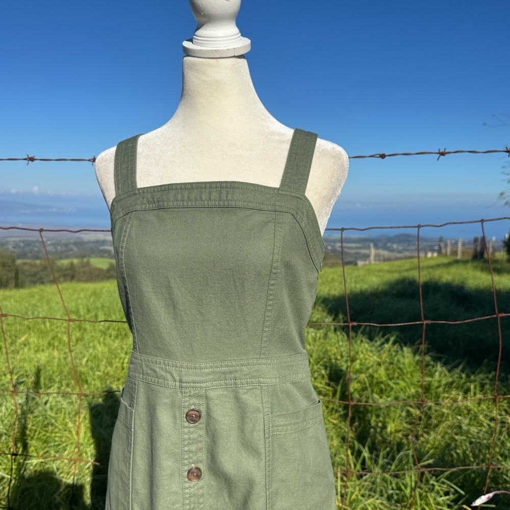 Gap Y2K Apron Sleeveless khaki knee length Dress linen blend utility 2 - Picture 2 of 8